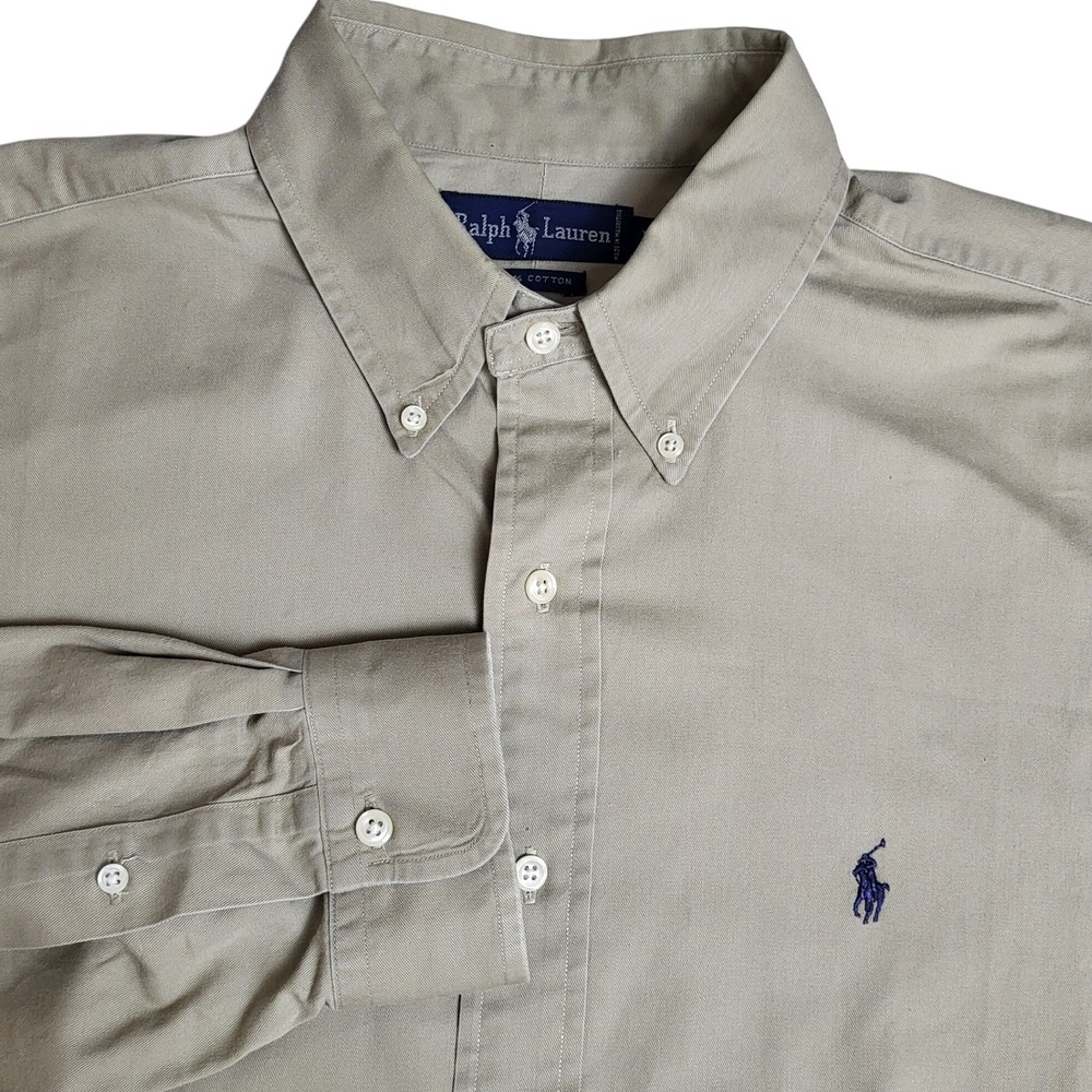 Ralph Lauren Men Large Khaki Button Up‎ Shirt Long Sleeve Casual Top Beige Pony